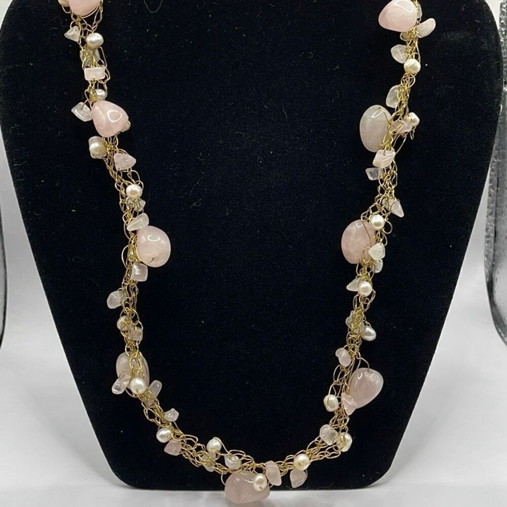 Vintage Rose Quartz and Faux Pearls Goldtone Wire Necklace Costume Jewelry 23” L